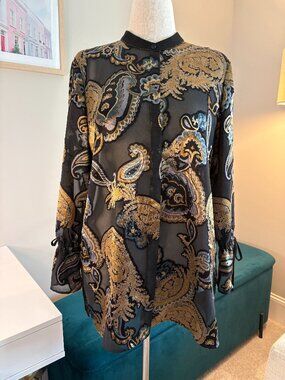 Lafayette 148 New York Burnout Velvet Blouse Size L Sheer Paisley Black Gold